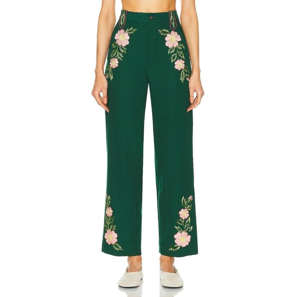 BODE Prarie Rose Trouser Pants Green Embroidery - Picture 1 of 11